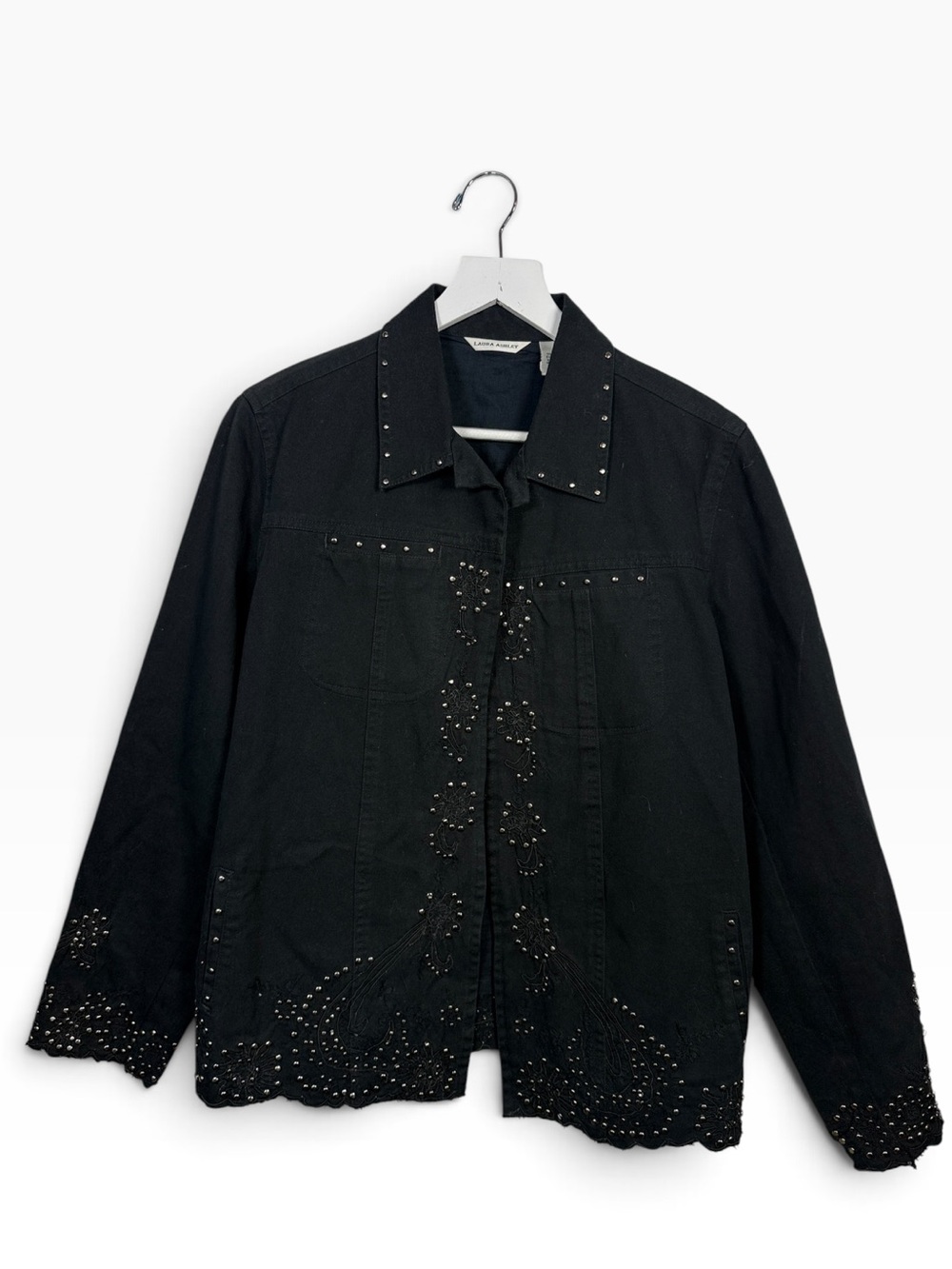 LAURA ASHLEY Vintage 100% Cotton Black Studded Blazer Jacket W2507 Sz L